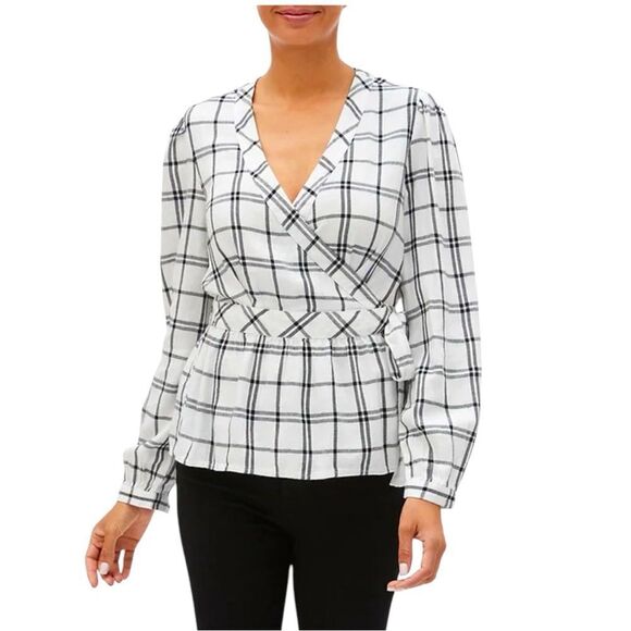 Sz XS Gap Factory White & Black Window Pane Printed Wrap Top NWT $50 MSRP - Picture 1 of 11